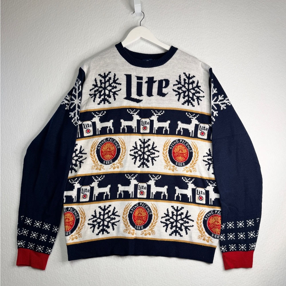 MILLER LITE BEER Men’s XL Winter Holiday Sweater Pullover Reindeer Snowflake